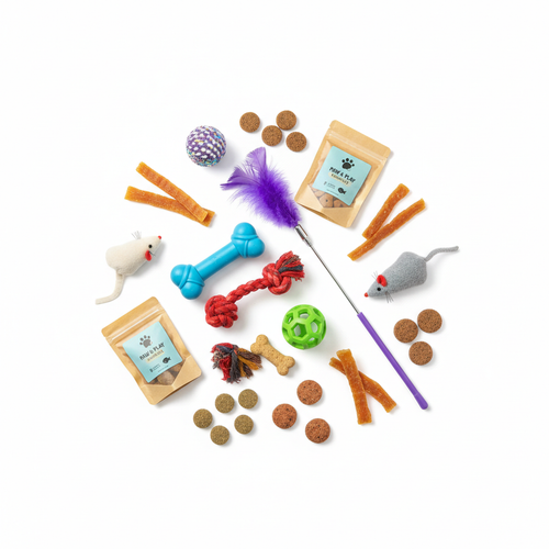 Assortment of dog and cat toys and treats